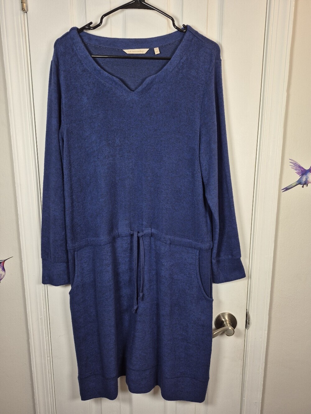 Soft Surroundings Blue Cozy Knit Tunic Dress Drop Waist Pockets Coastal PM